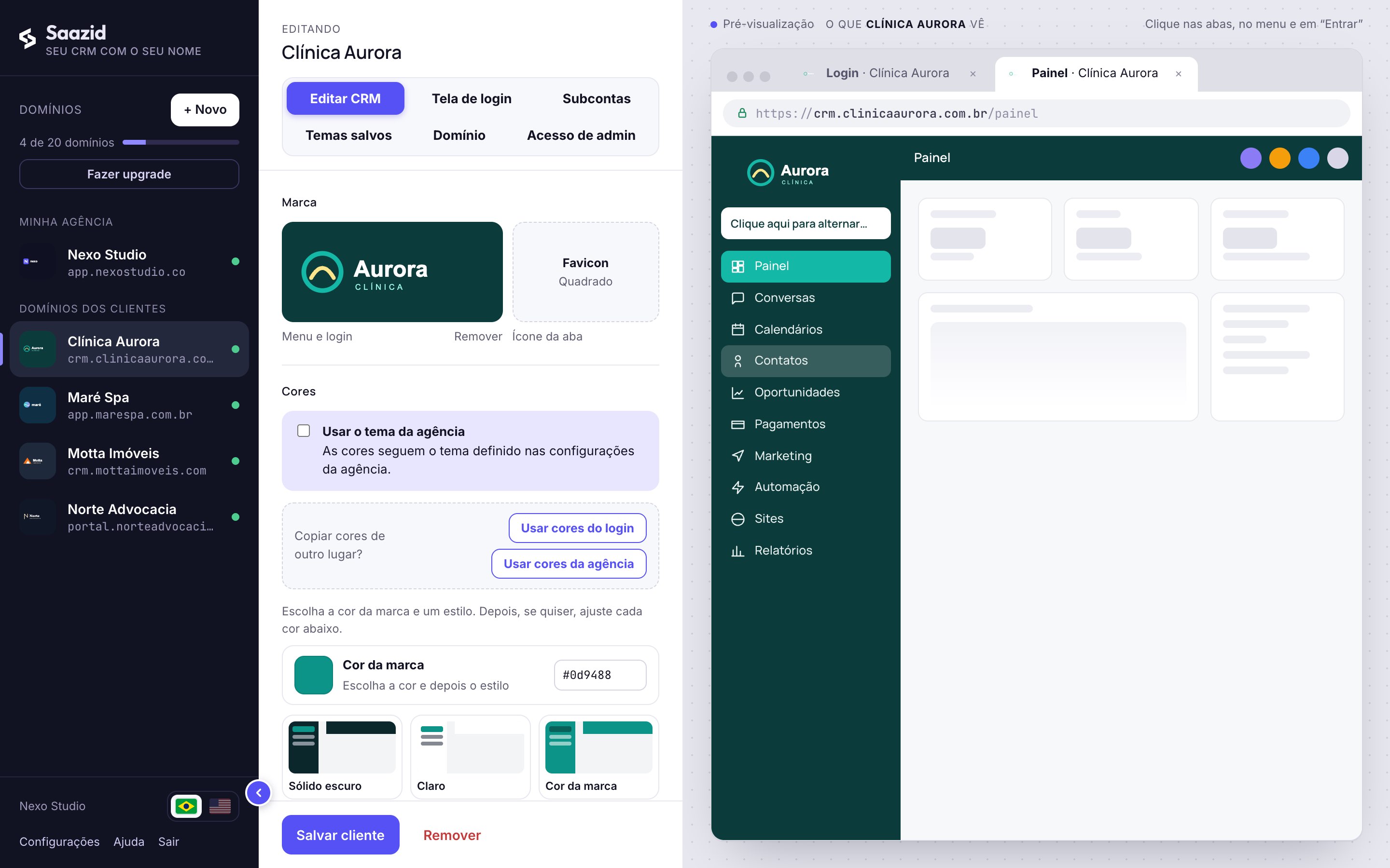 Painel do Saazid com os domínios da agência e a prévia do CRM da Clínica Aurora